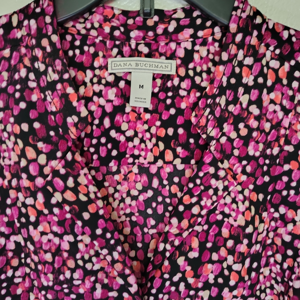 Dana Buchman Black Pink Polka Dot Button Front Career Blouse Women's Sz M Oversz - Picture 2 of 14